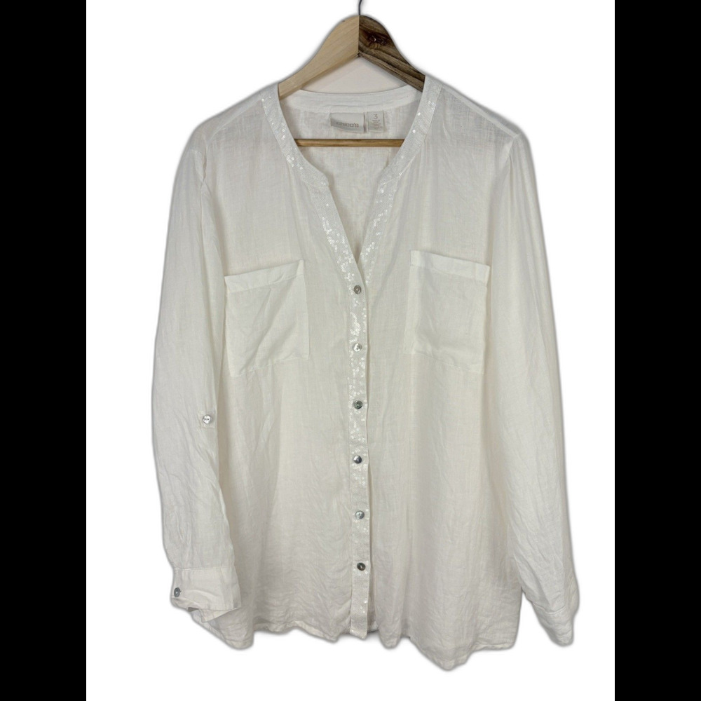 Chico’s 100% Linen Button-Up Shirt White Sequin Long Sleeve Women’s XL Classic